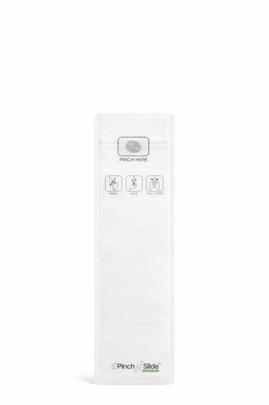 2.5g Matte White Child Resistant Tamper Evident Mylar Bags | 2.4in x 7.8in | 250 Count